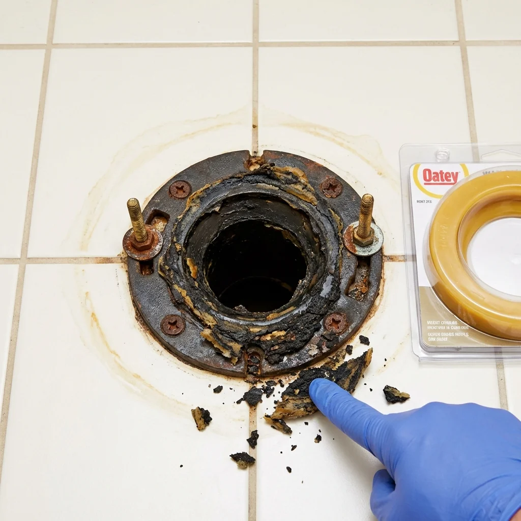 Failed wax ring showing water seepage at the base of a toilet in a Allentown, PA home
